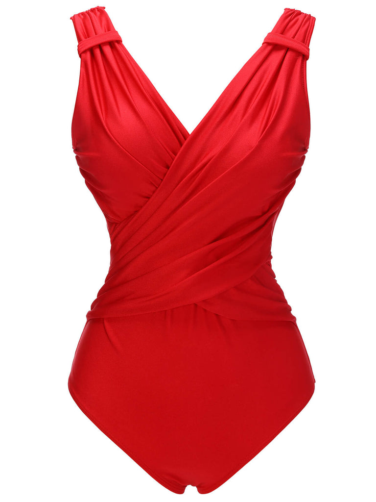 Red 1940s V-Neck Solid One-piece Swimsuit