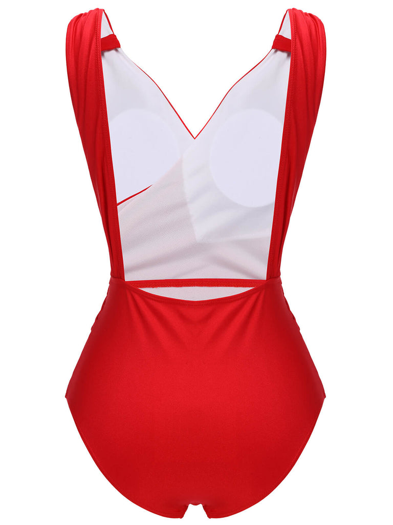 Red 1940s V-Neck Solid One-piece Swimsuit