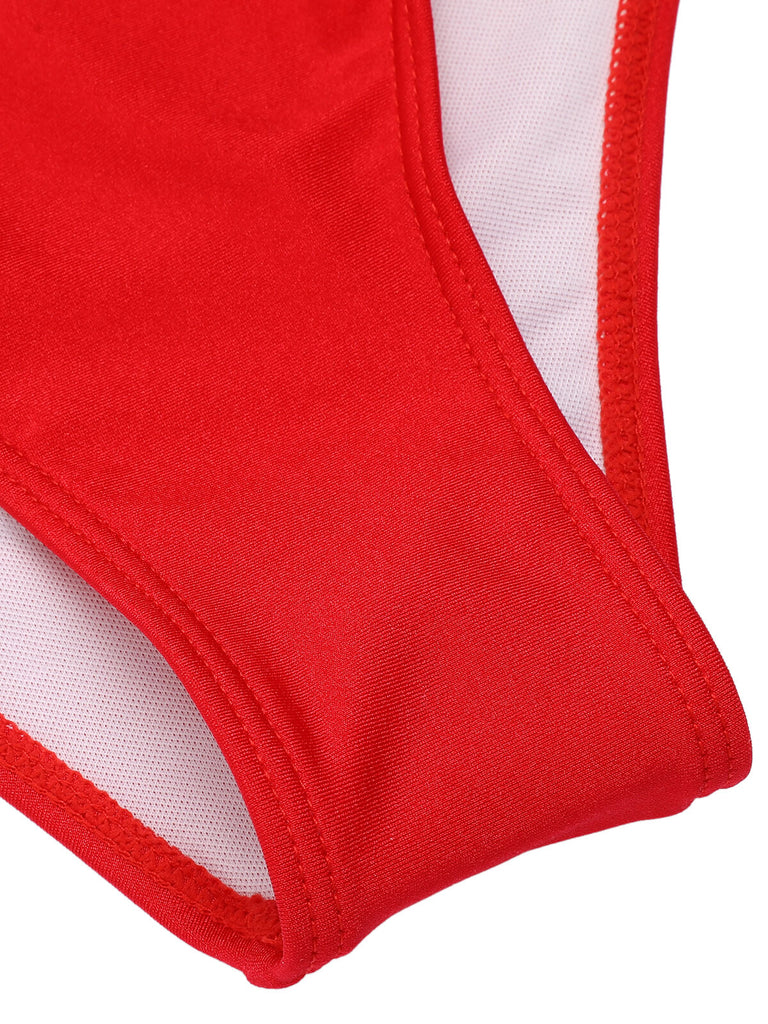 Red 1940s V-Neck Solid One-piece Swimsuit