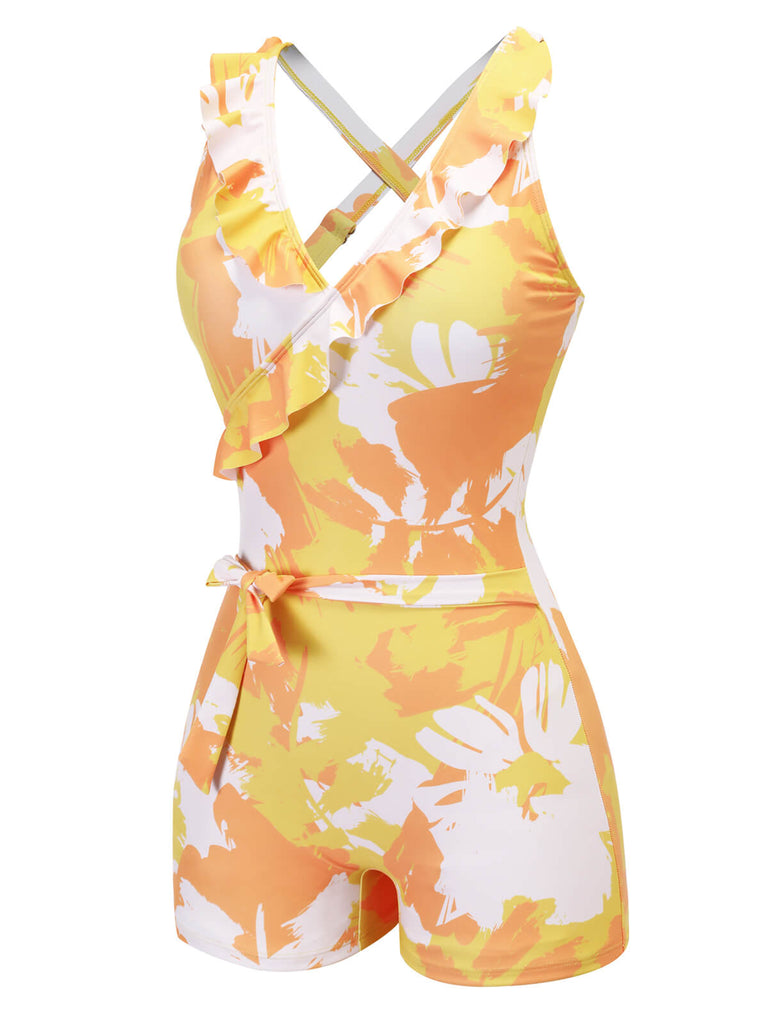 Yellow 1940s Painting Plants Lace-Up Swimsuit