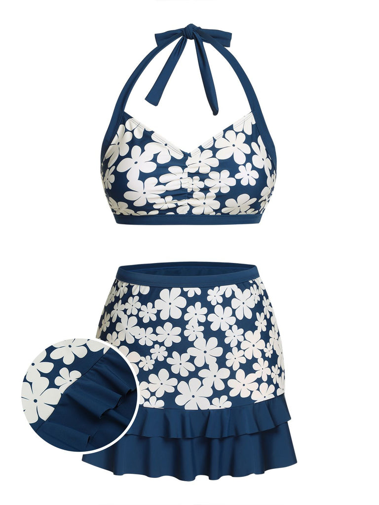 [Pre-Sale] Blue 1940s Floral Ruffles Halter Swimsuit