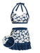 [Pre-Sale] Blue 1940s Floral Ruffles Halter Swimsuit