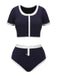 Blue 1940s Patchwork Buttoned Swimsuit