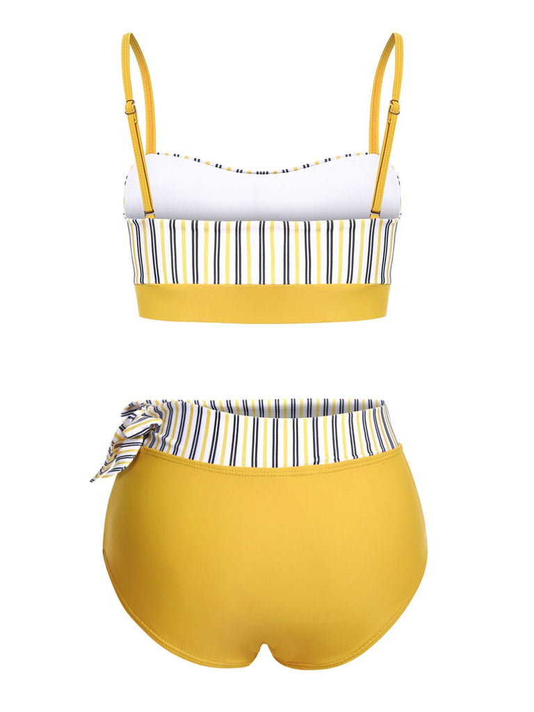 2PCS Yellow 1940s Striped Patchwork Swimsuit