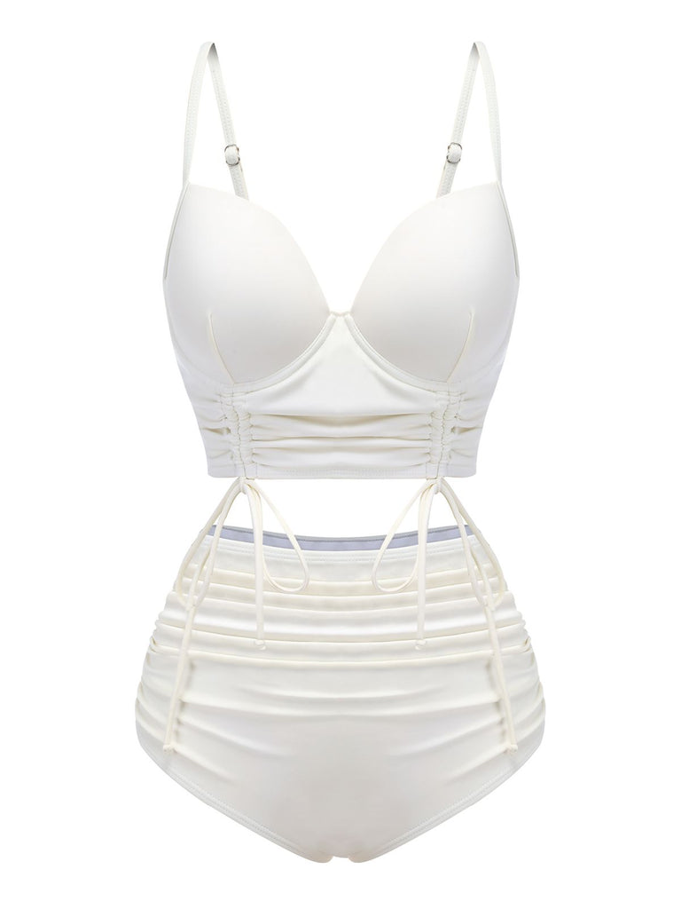 White 1940s Solid Lace-up Wrinkle Swimsuit