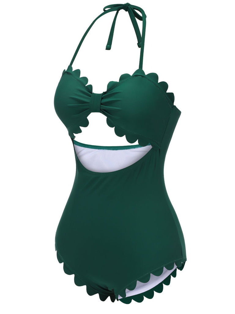 Dark Green 1940s Solid Halter One-piece Swimsuit