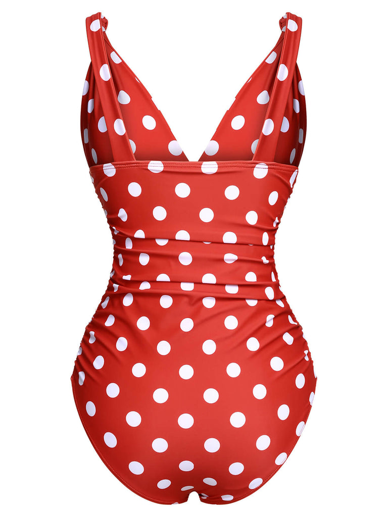 Red 1930s Polka Dot V-Neck Swimsuit