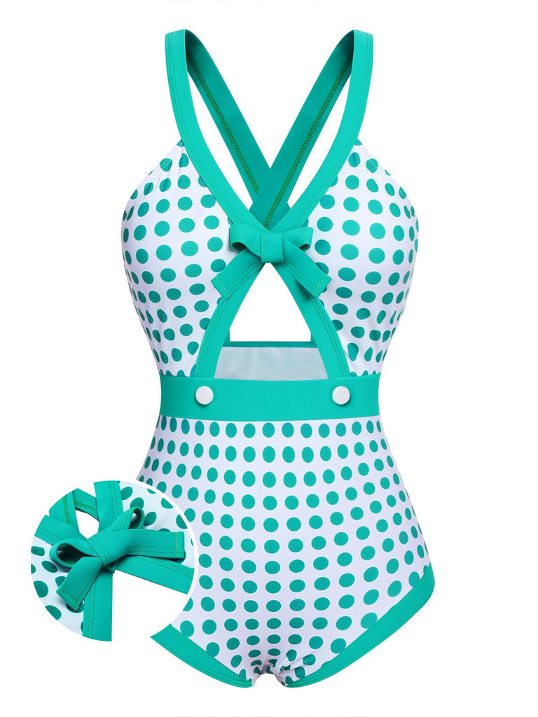 [Pre-Sale] Green 1940s Polka Dot Bowknot One-Piece Swimsuit