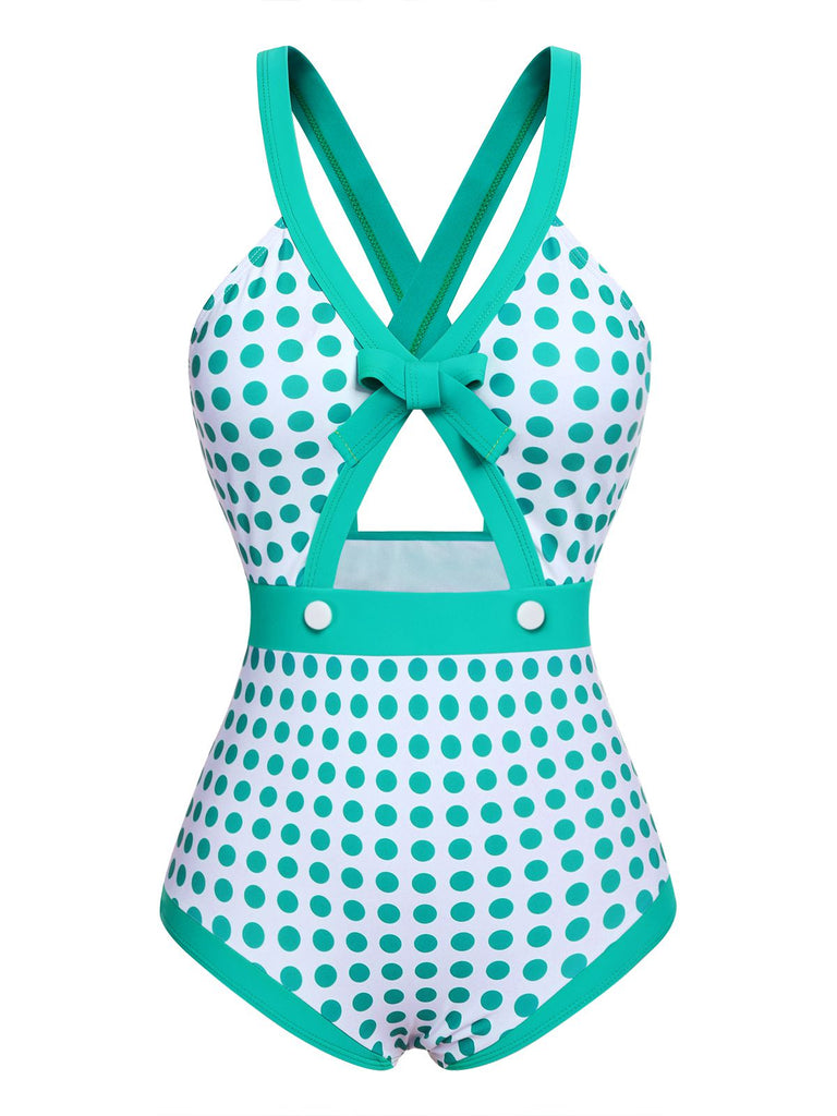 [Pre-Sale] Green 1940s Polka Dot Bowknot One-Piece Swimsuit