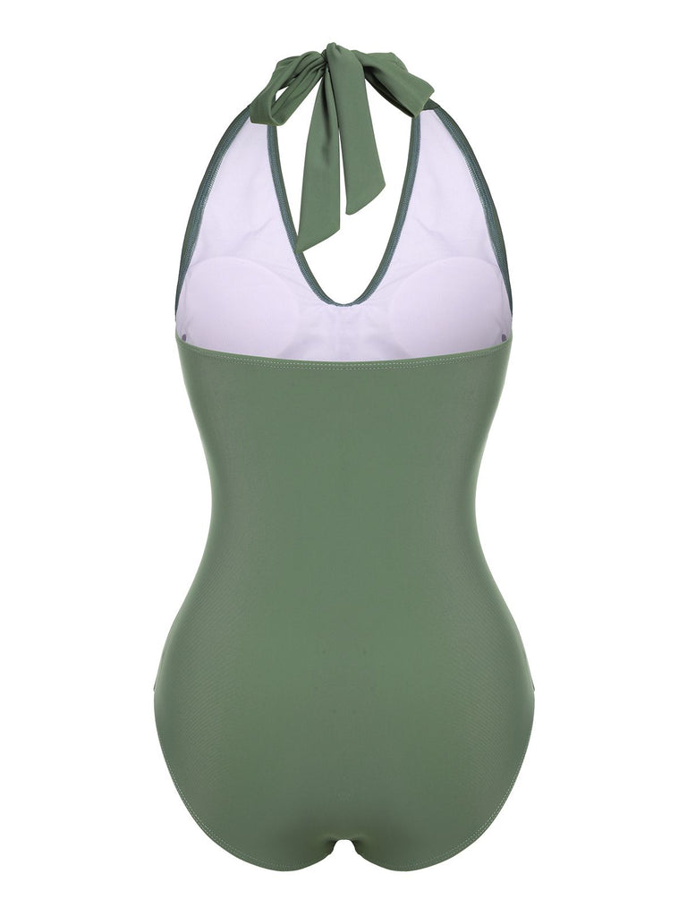 [Pre-Sale] Green 1940s Floral Halter One-Piece Swimsuit