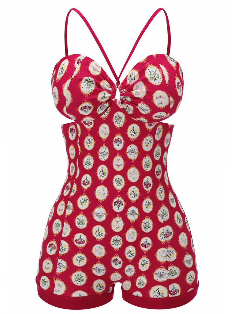 Red 1950s Strap Floral One-piece Swimsuit