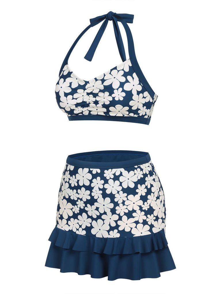 Blue 1940s Floral Ruffles Halter Swimsuit