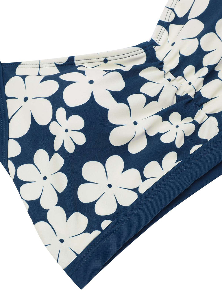 [Pre-Sale] Blue 1940s Floral Ruffles Halter Swimsuit