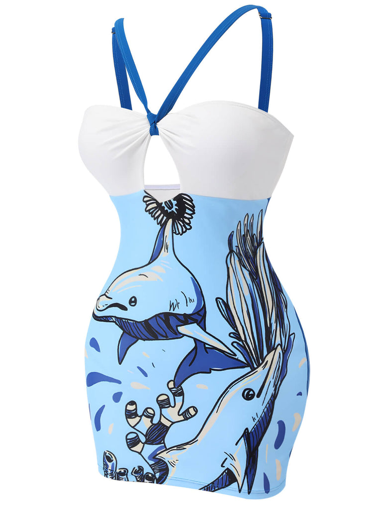 [Pre-Sale] Blue 1940s Dolphin Halter One-piece Swimsuit