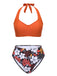 2PCS Orange 1960s Floral Halter Swimsuit & Cover-up