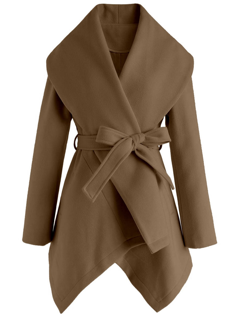 1960s Retro Solid Long Sleeves Wrap Coat