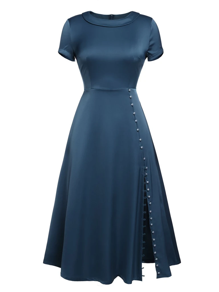 Blue 1940s Pearl Buttons Darlene Dress