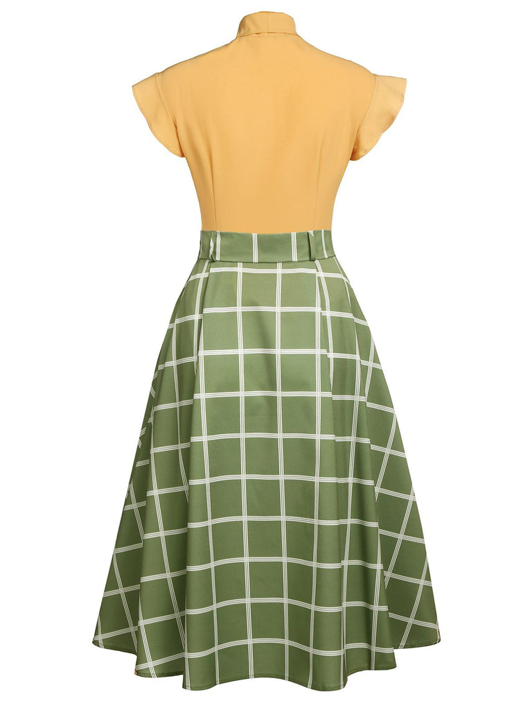 2PCS 1950s Bow Plaid Blouse & Skirt