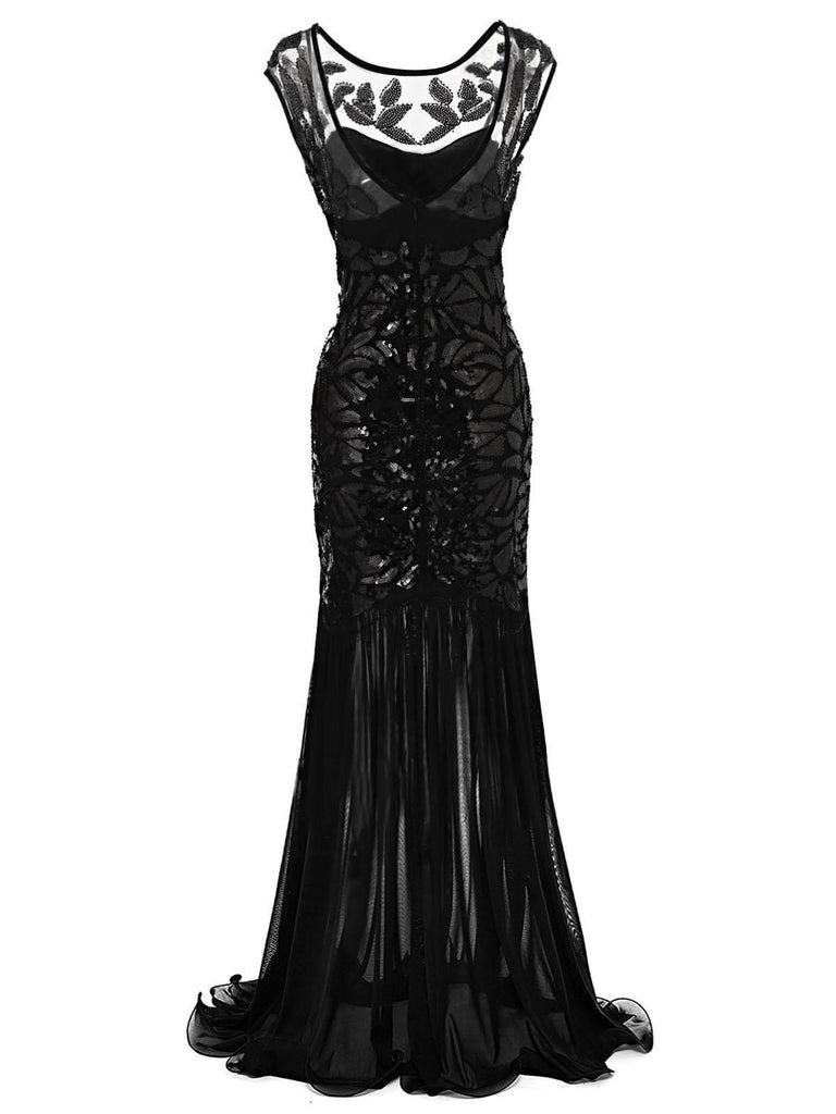 Black 1920s Sequin Maxi Flapper Dress