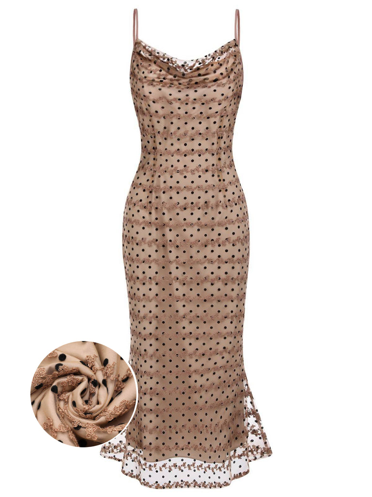 Khaki 1930s Strap Dot Floral Lace Dress