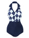 Navy Blue 1930s Halter Plaid One-Piece Swimsuit