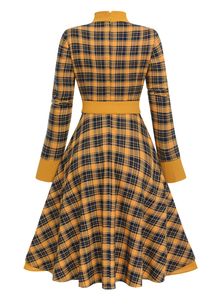 Yellow 1950s Plaid Long Sleeve Patchwork Dress