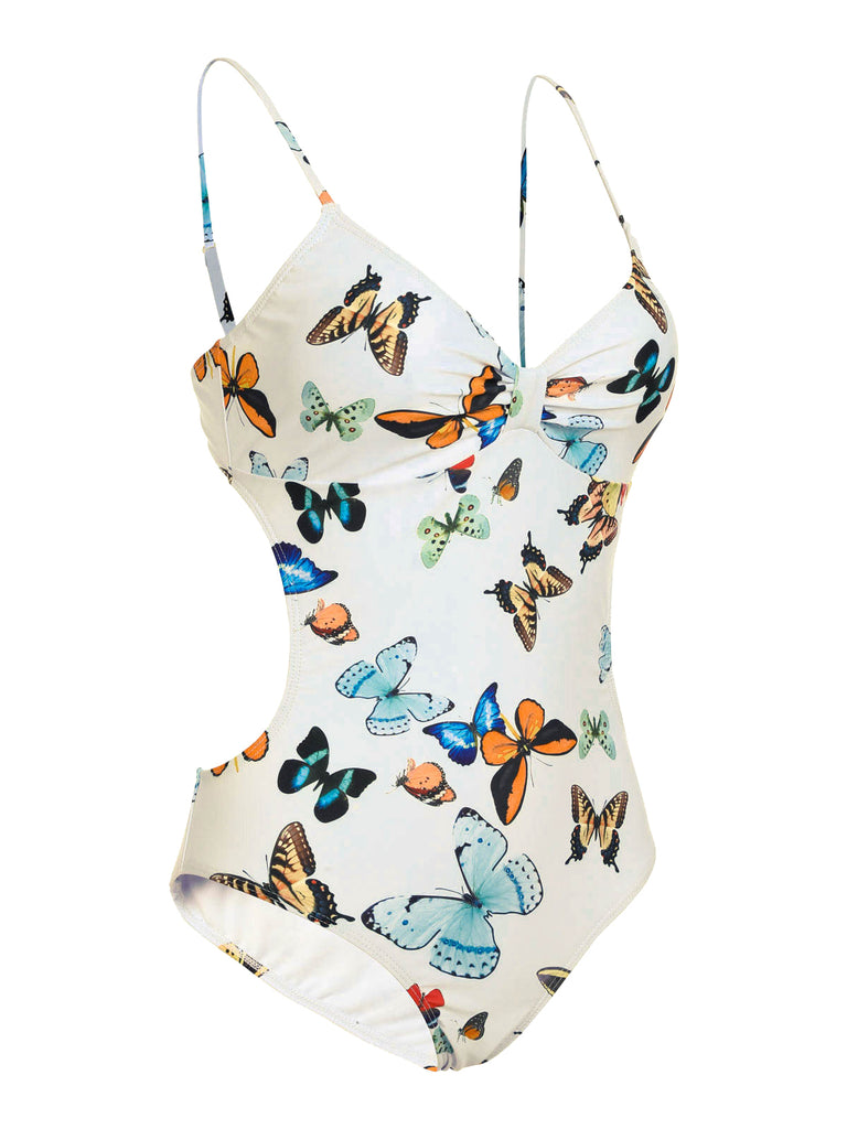 1960s Butterflies Strap One-piece Swimsuit & Cover-up Skirt