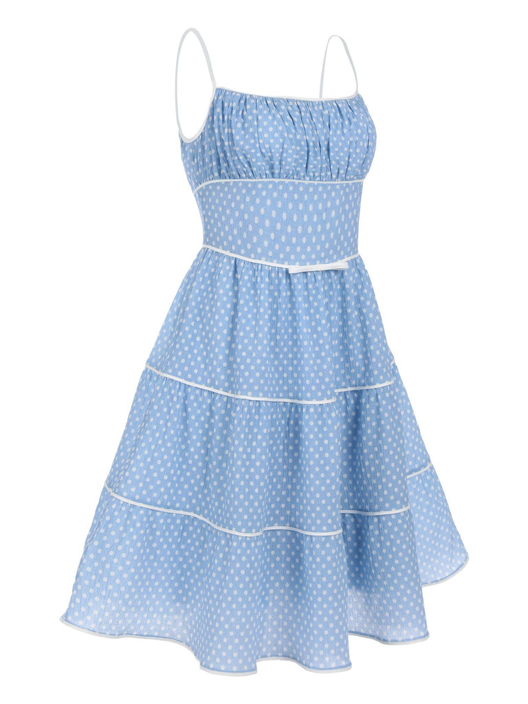 Sky Blue 1950s Strap Polka Dot Swing Dress