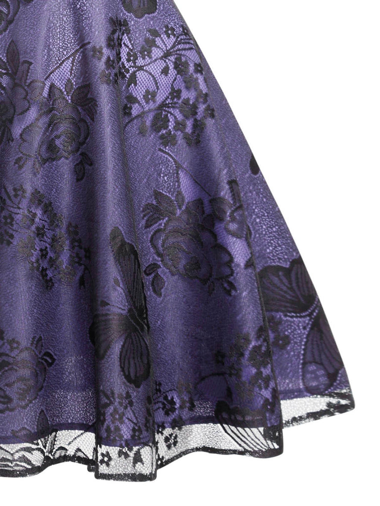 Purple 1950s Mesh Floral Swing Dress