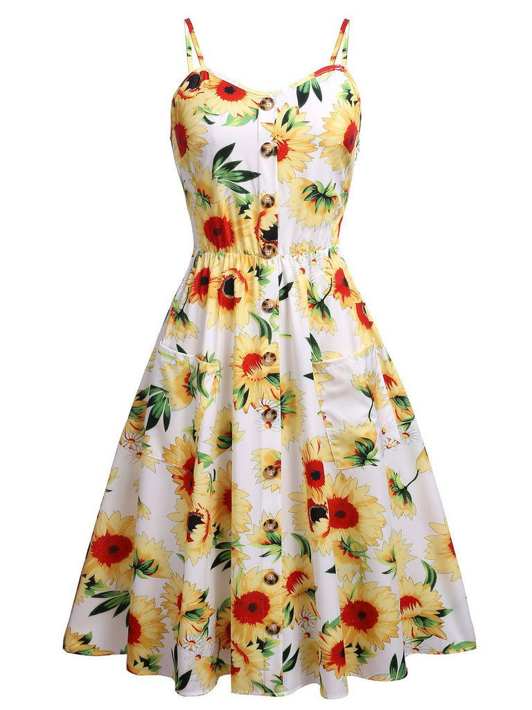 White 1950s Sunflowers Swing Dress
