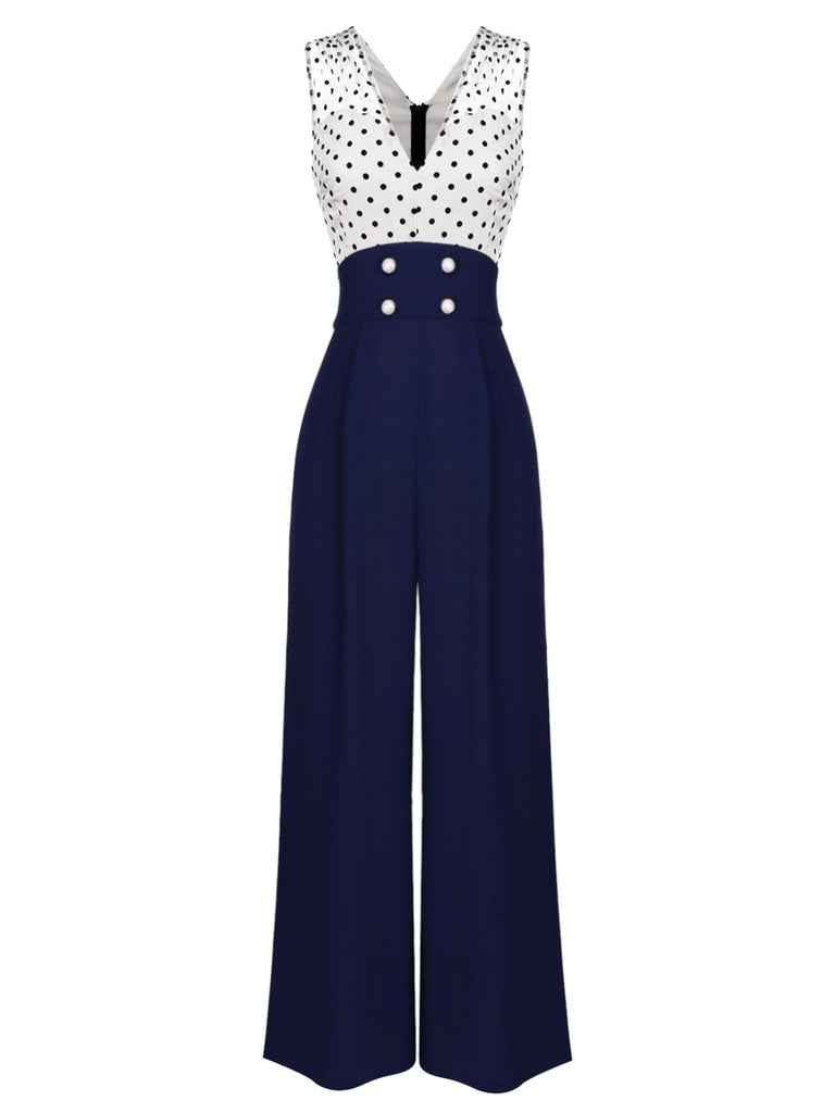 1930s Polka Dot Patchwork Button Jumpsuit