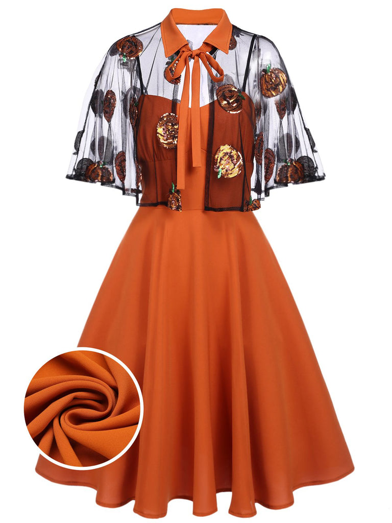 Orange 1950s Cape Pumpkin Swing Dress