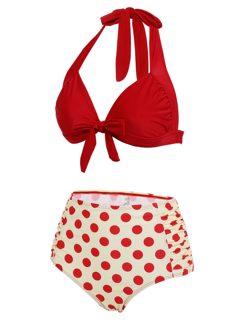 Red 1950s Polka Dots Halter Bikini Set