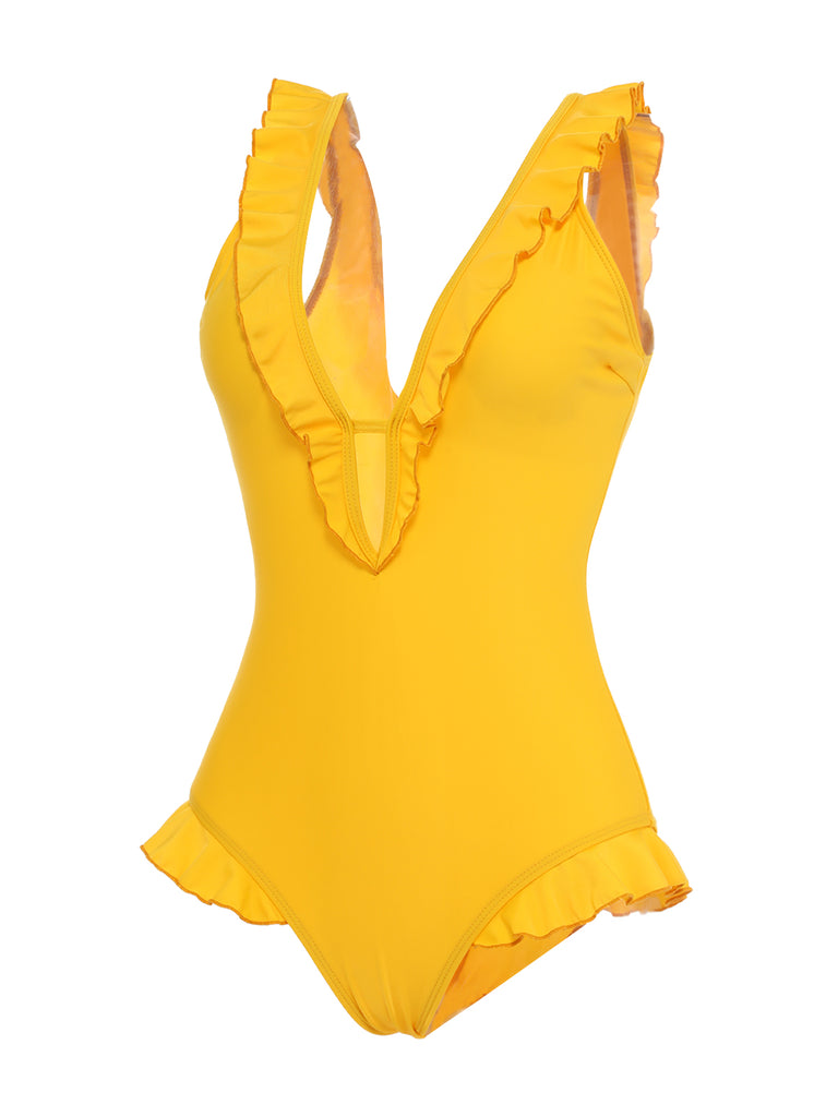 Yellow 1930s V-Neck One-piece Swimsuit