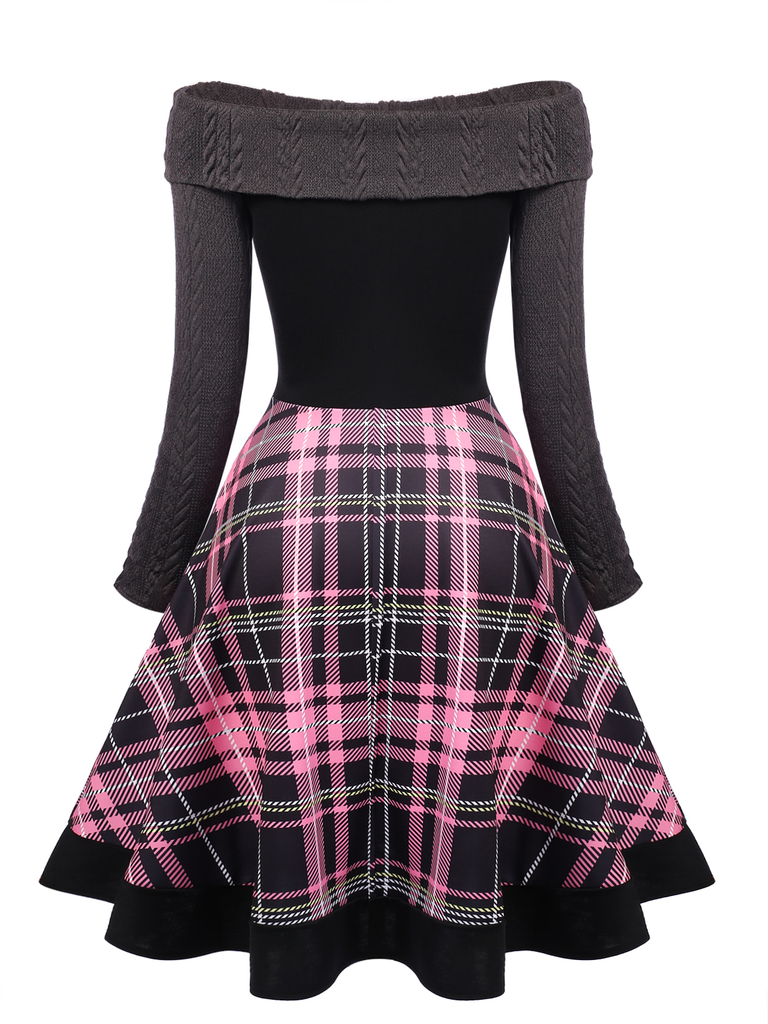 Plaids 1950s Off Shoulder Knitted Dress