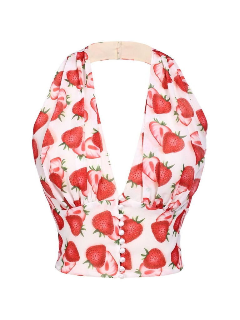 Red 1950s Halter Strawberry Button Tops