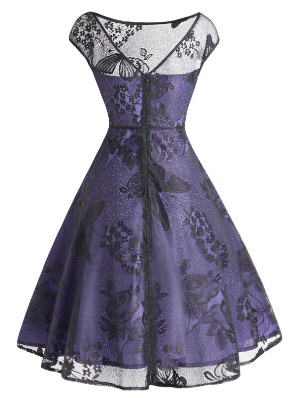 Purple 1950s Mesh Floral Swing Dress