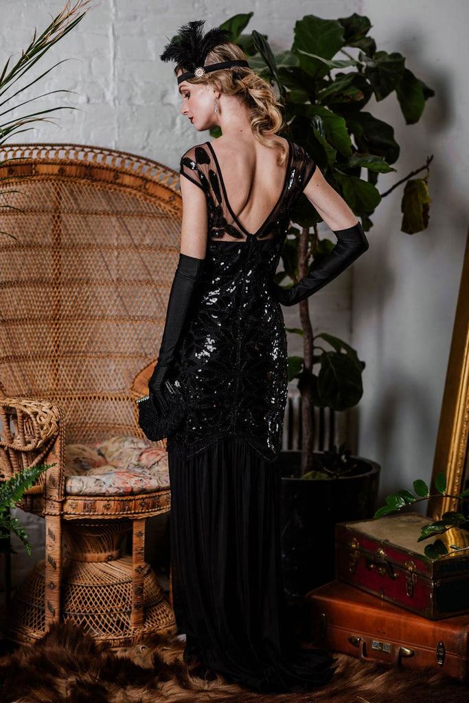 Black 1920s Sequin Maxi Flapper Dress