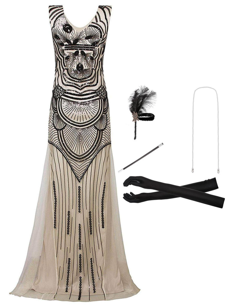 2PCS Sequin Maxi 1920s Dress & Accessories Set