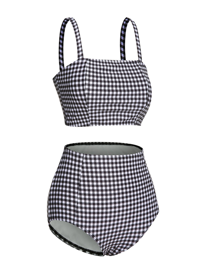 White&Black 1940s Plaid Suspenders Swimsuit