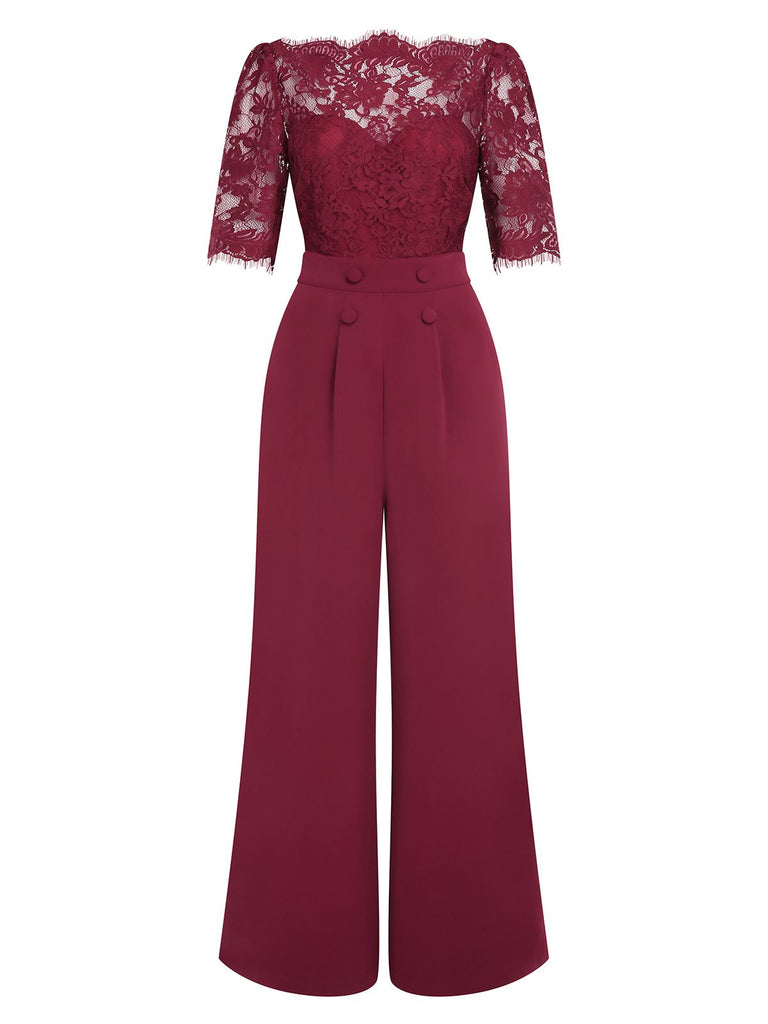 Wine Red 1930s Lace Patchwork Jumpsuit