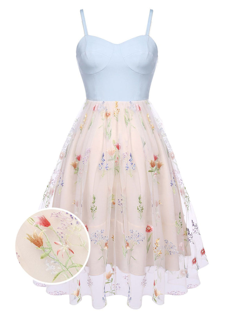 Blue 1950s Floral Embroidery Swing Dress