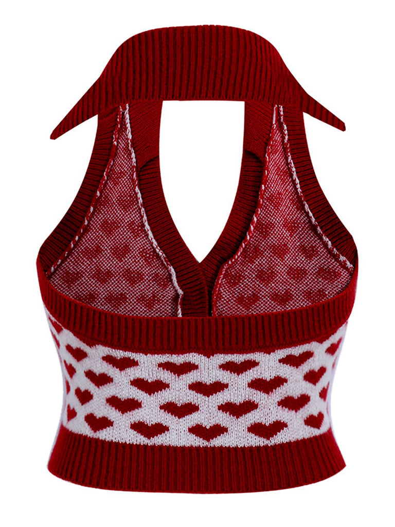 Red 1950s Knitting Heart Halter Button Tops