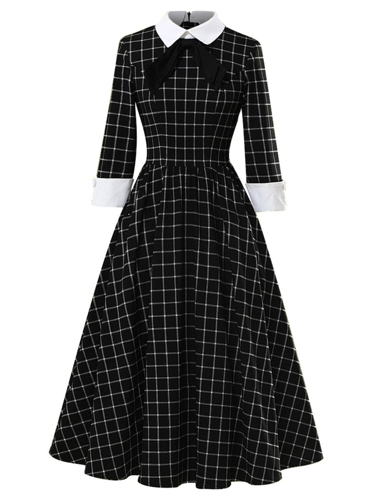 Black 1950s Plaid 3/4 Sleeve Swing Dress