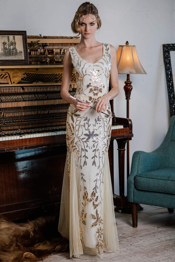 [US Warehouse] Apricot 1920s Sequin Maxi Dress