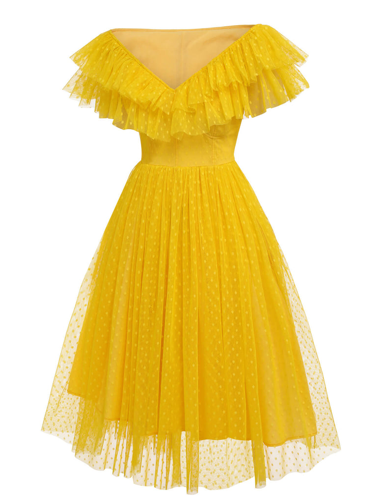 Yellow 1950s Dots Mesh Swing Dress