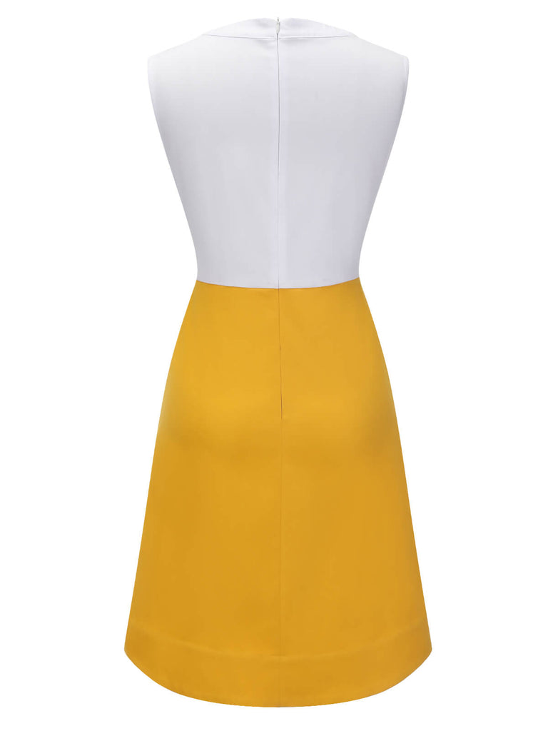 White & Yellow 1960s Bowknot Patchwork Dress