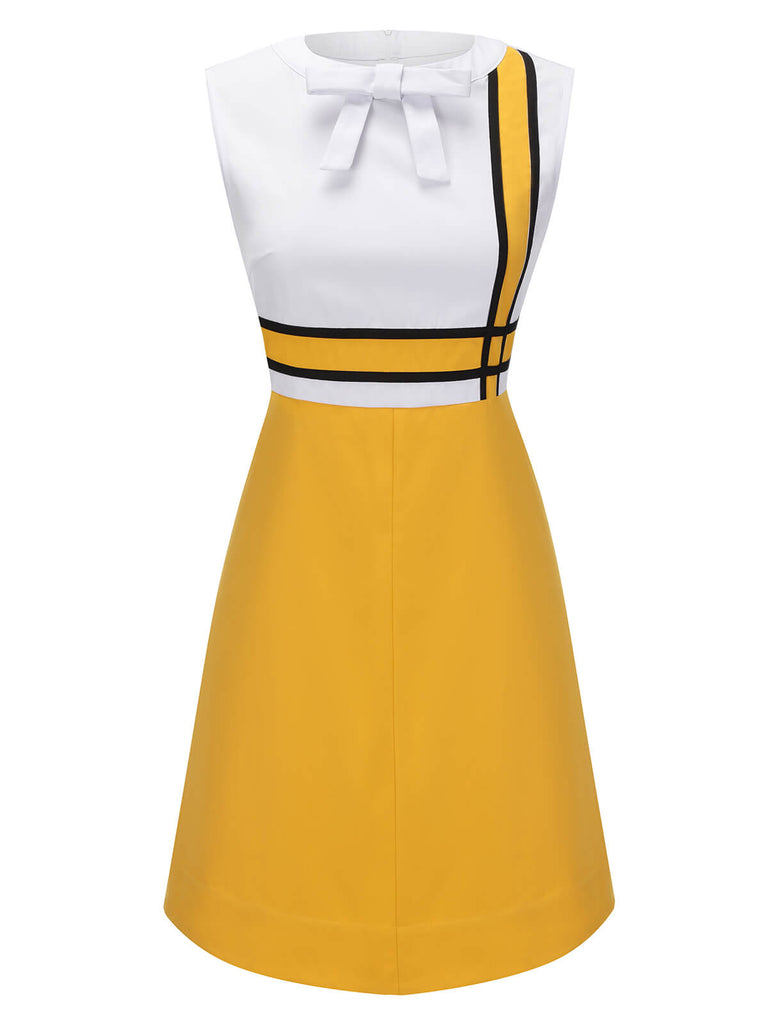 White & Yellow 1960s Bowknot Patchwork Dress