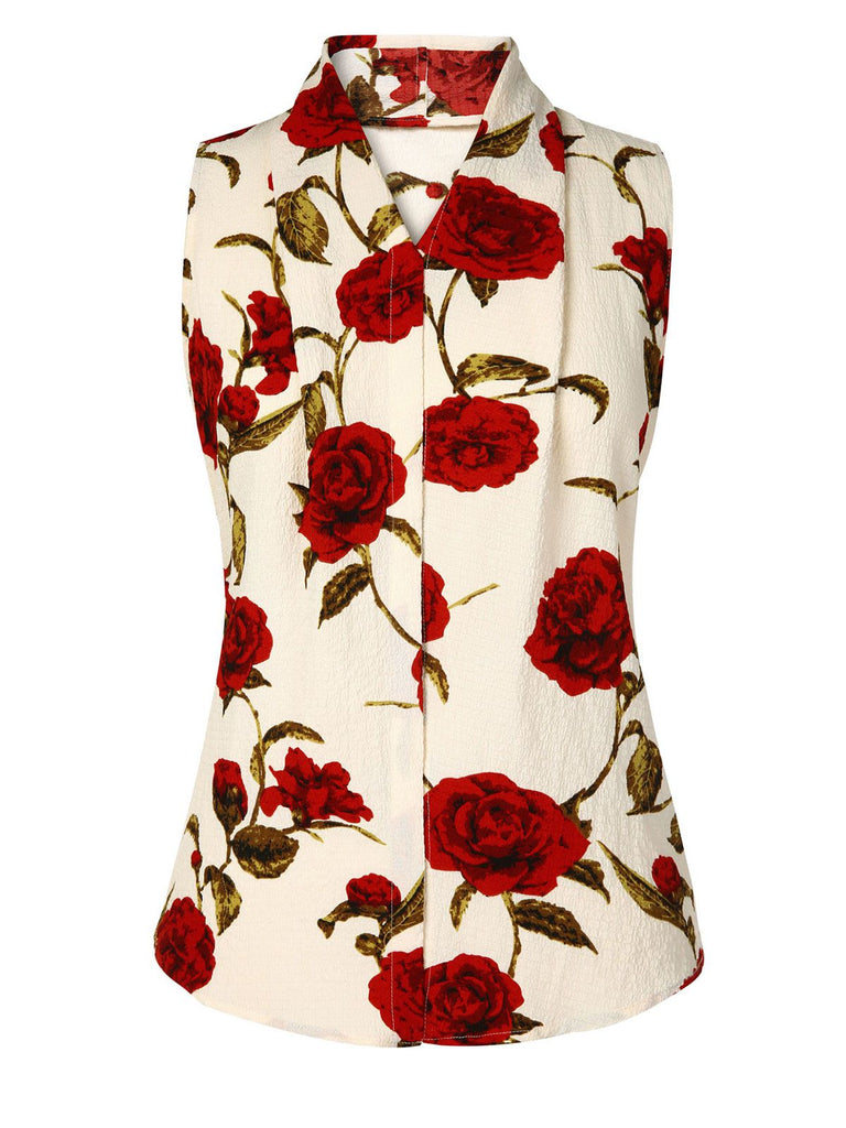 Beige 1950s Sleeveless Roses V-neck Blouse