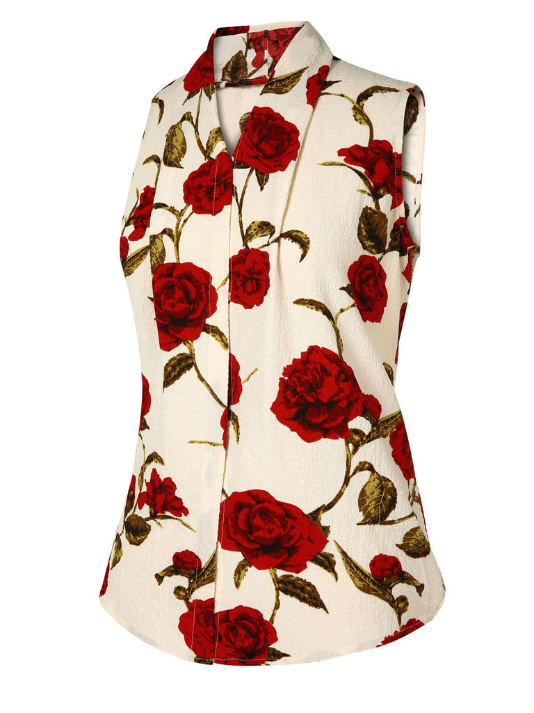 Beige 1950s Sleeveless Roses V-neck Blouse